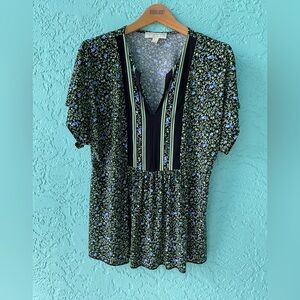 Michael Kors Black and Green Floral Blouse